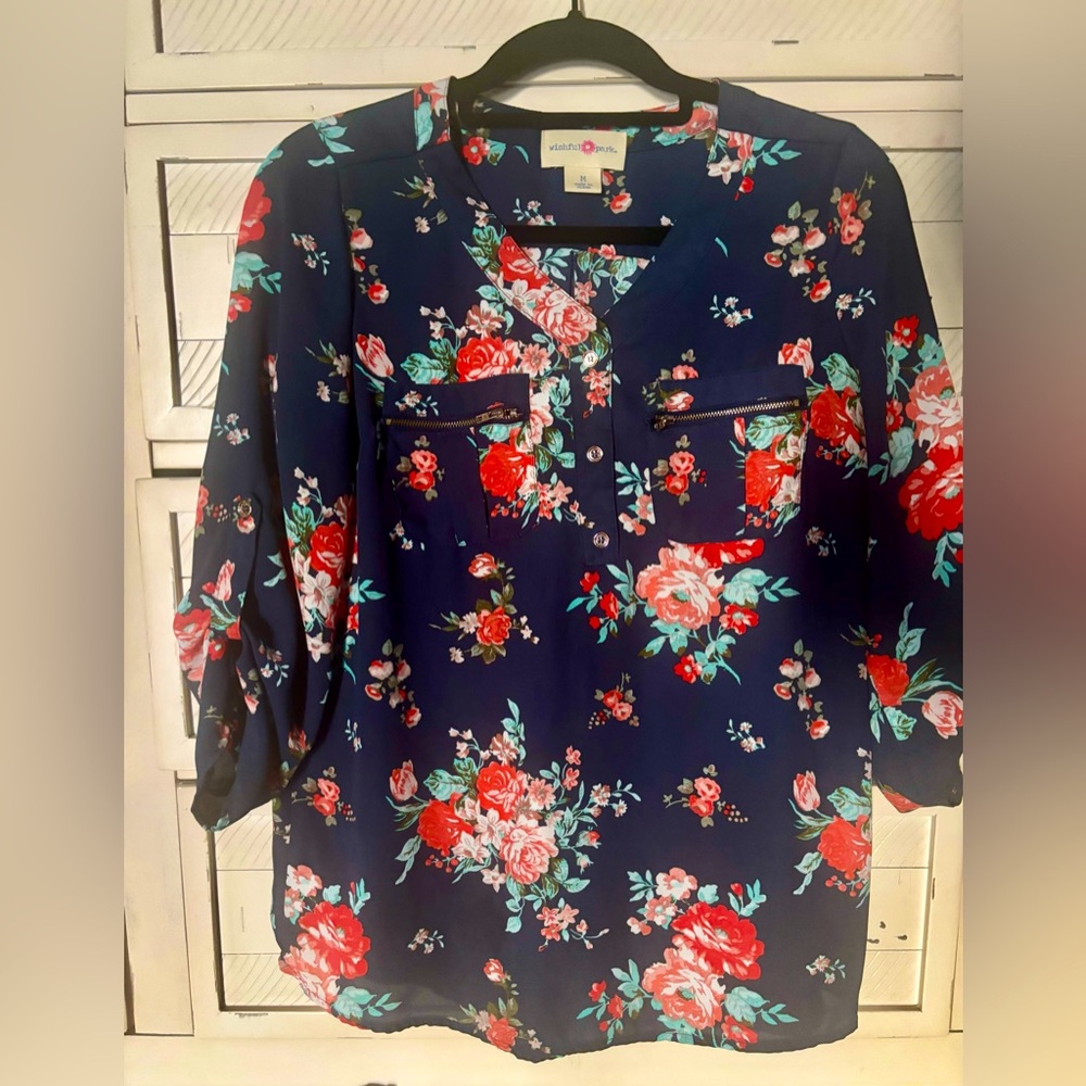 Wishful Park Red and Blue Graphic Blouse with v-neck